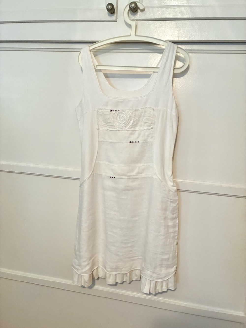 White Sleeveless Cotton Summer Dress with Textured Design Embroidery